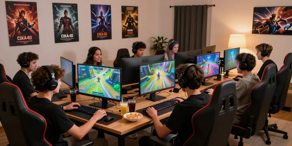 Players enjoying online gaming on CIKA4D with vibrant screens and snacks.