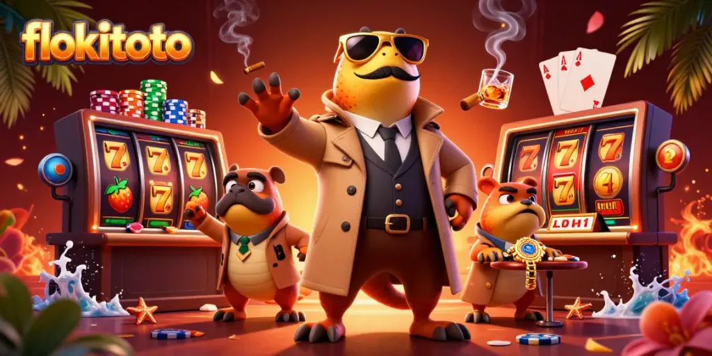 Enjoy thrilling slot experiences with flokitoto, featured in vibrant 3D casino illustration.