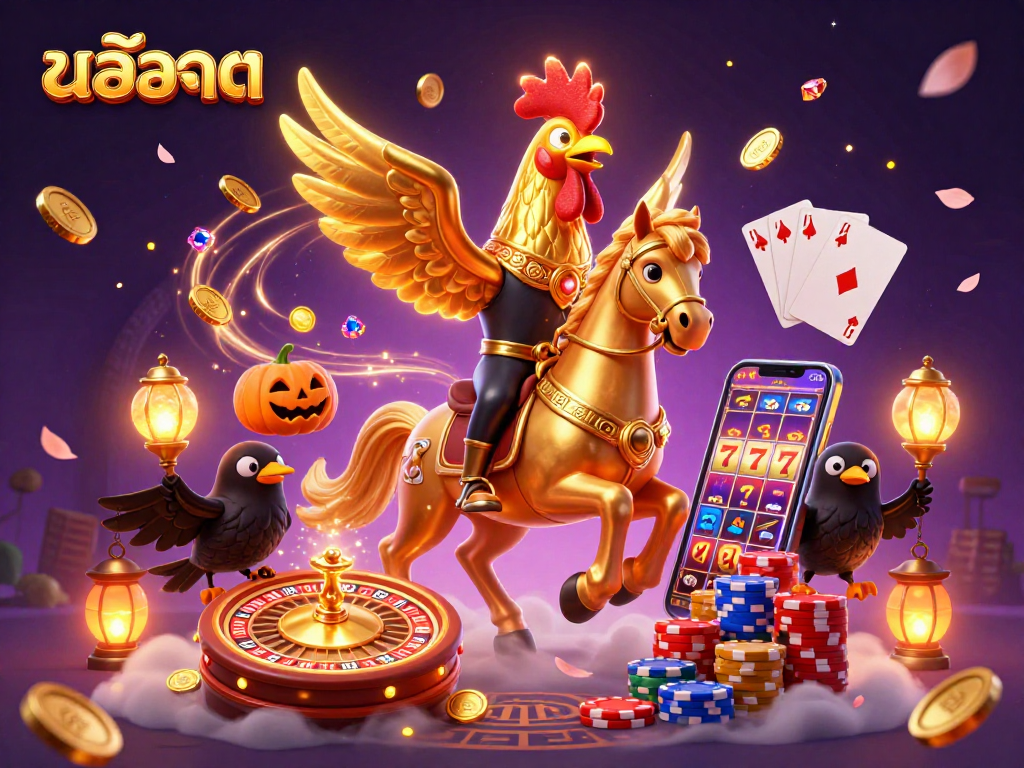 Experience excitement with สล็อต as golden rooster heads through a mystical casino filled with coins and lanterns.