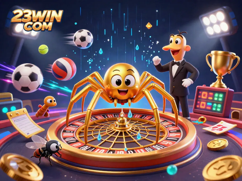 Place winning bets at 23WIN COM with a colorful casino-themed 3D illustration