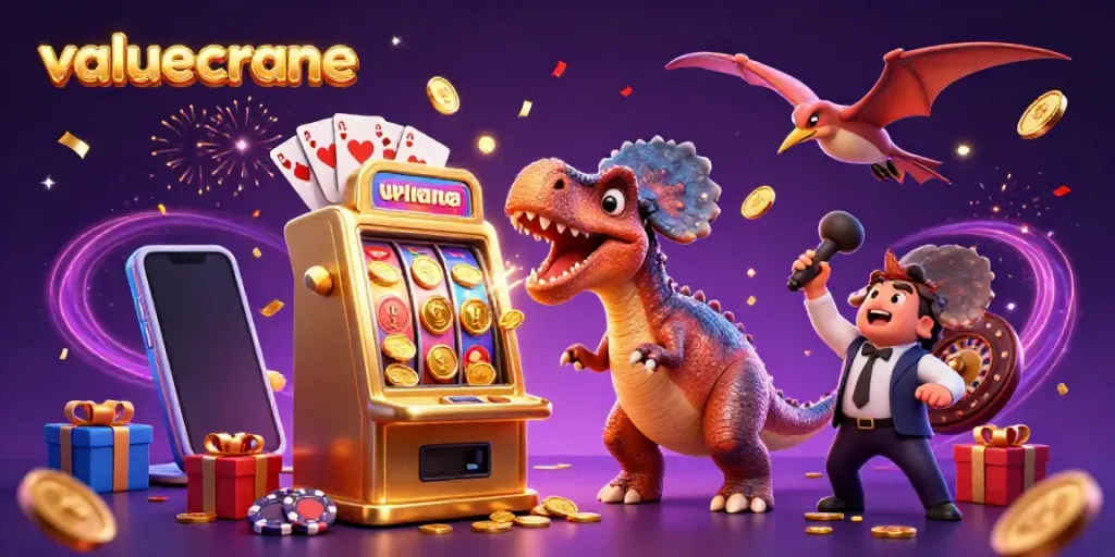 Valuecrane menunjukkan dinosaurus kartun yang menanduk mesin slot emas untuk jackpot dan manajer kasino panik.