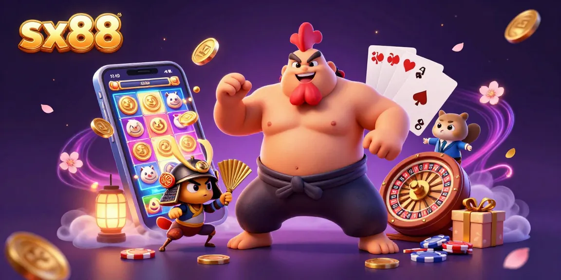 SX88 slot game excitement illustrated with a powerful sumo wrestler rooster, a fierce cricket, and a tanuki announcer.