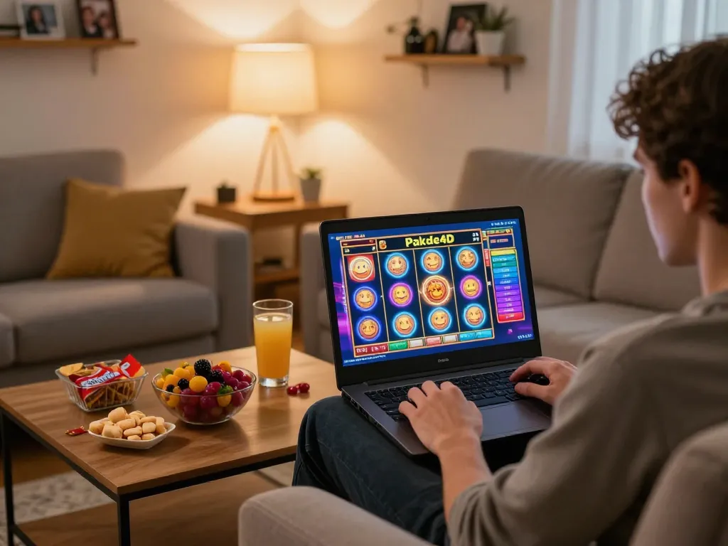 Player enjoying Pakde4D online slots on a laptop in a cozy home environment with snacks.