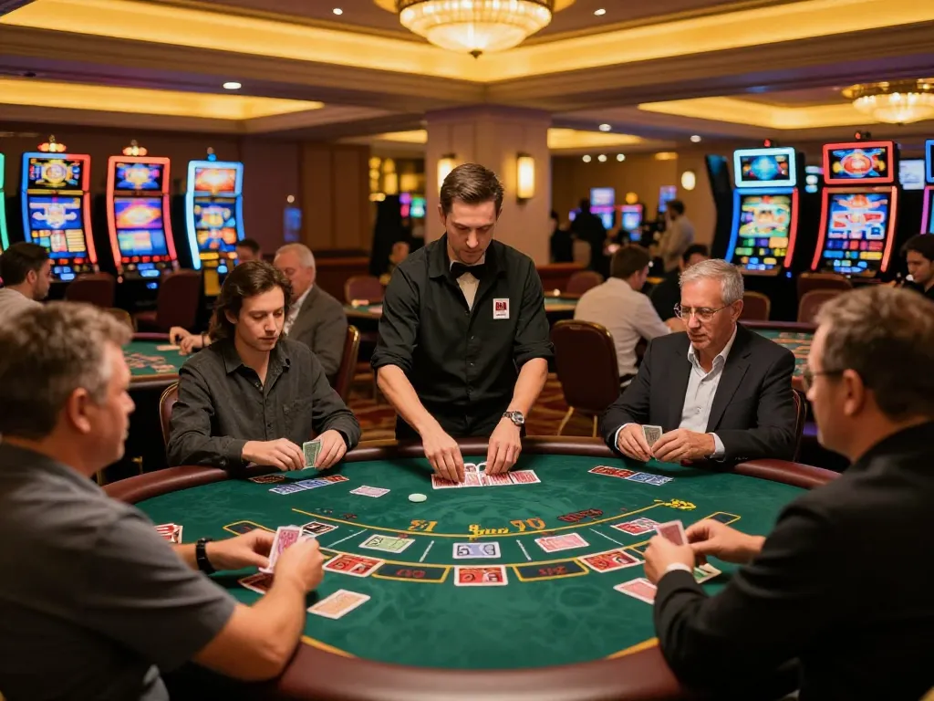 Players strategizing at a blackjack table, showcasing their skills at winning 122 strategies in the casino