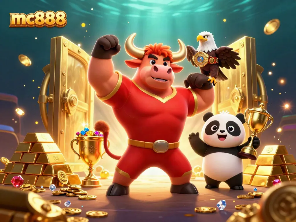 Pemain slot gacor di mc888 merayakan kemenangan dengan trofi emas dan simbol keberuntungan lainnya.