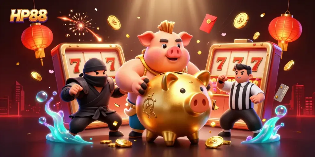 Experience HP88 excitement with a golden piggy bank wrestler amidst vibrant slot game symbols.