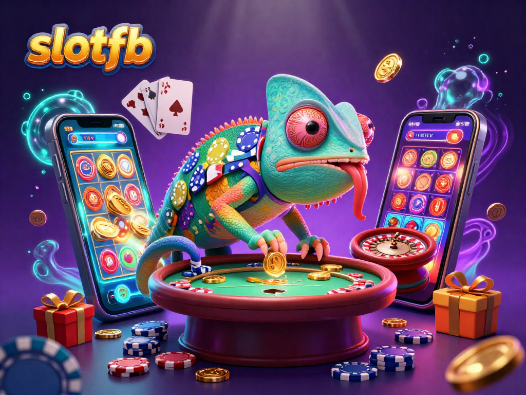 Win big with exciting slotfb games featuring vibrant slots and a colorful casino chameleon.