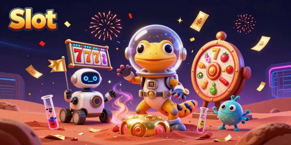 Slot yang berisi simbol dan elemen permainan mewah dari kasino dengan karakter Mars yang mengungkapnya.