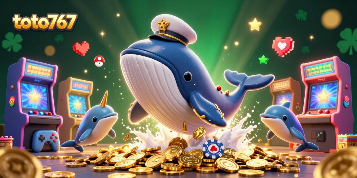 Toto767 hadiah permainan dengan paus 3D dan kawanannya dalam lautan koin.