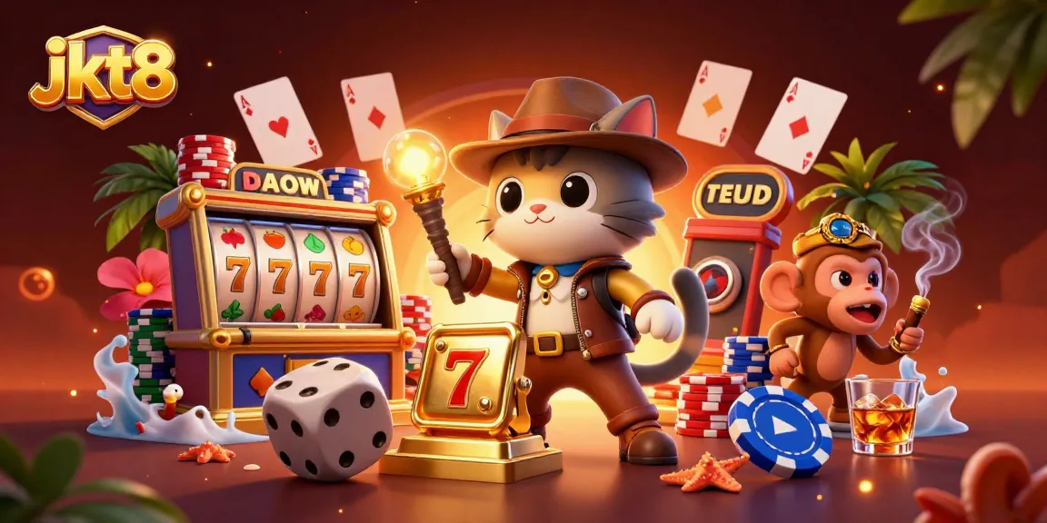 Permainan slot jkt8 menampilkan kucing arkeolog dengan simbol keberuntungan.