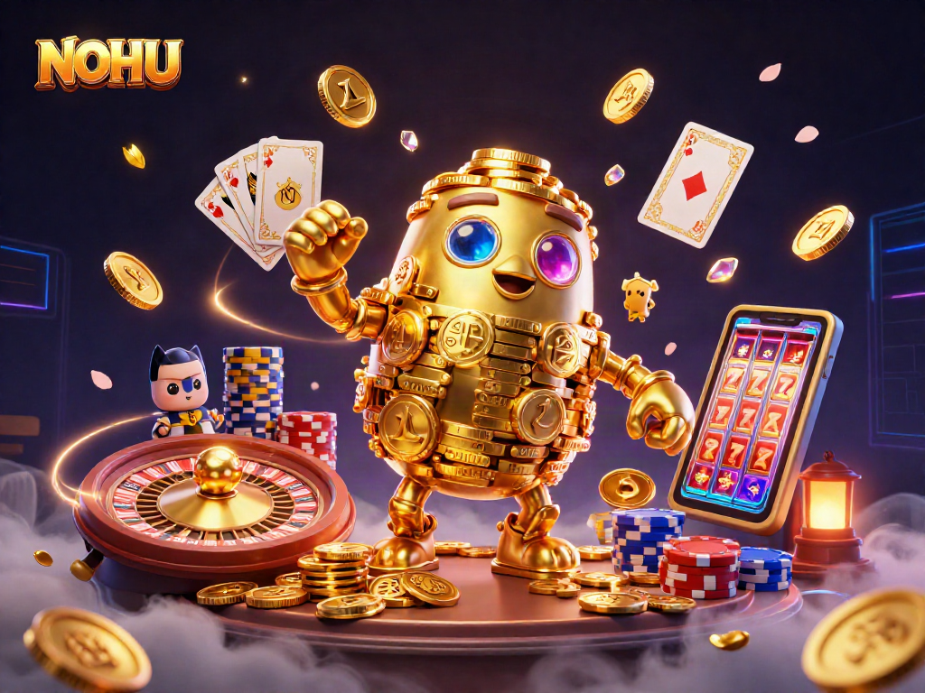 Engage in thrilling NOHU gaming action with a golden golem and vibrant casino elements.