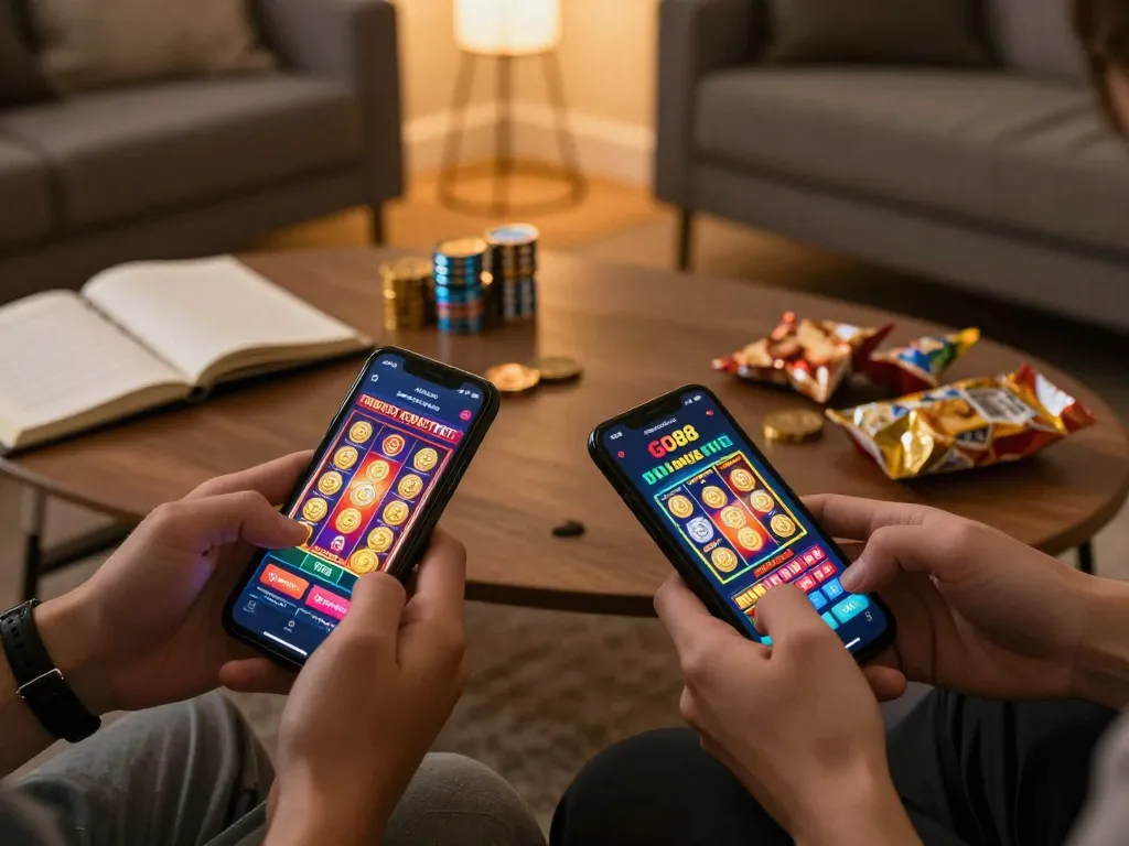TẢI GO88 app interface displayed on smartphone amid a cozy online gaming atmosphere.