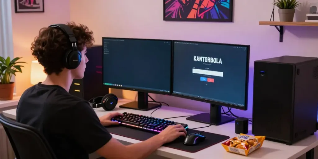 KANTORBOLA login screen displayed on a monitor during an engaging gaming session in a stylish home office.