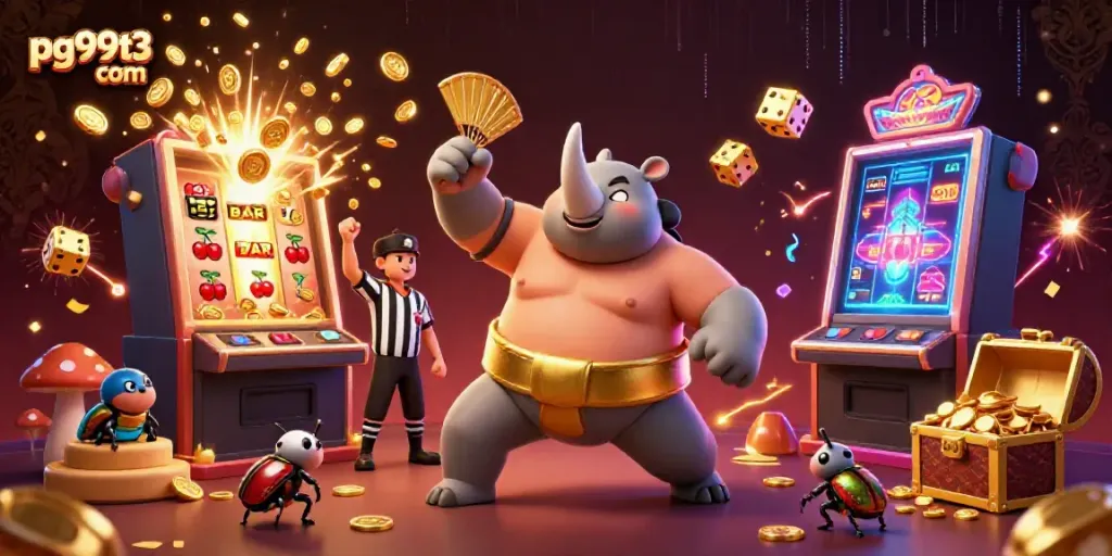 Experience the excitement at pg99t3 com with a lively 3D casino scene showcasing a beetle sumo champion amidst a jackpot explosion.