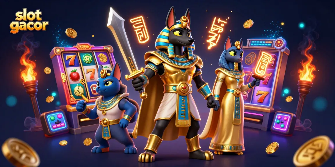 Experience thrilling slot gacor action with Anubis and Bastet amid colorful casino elements.