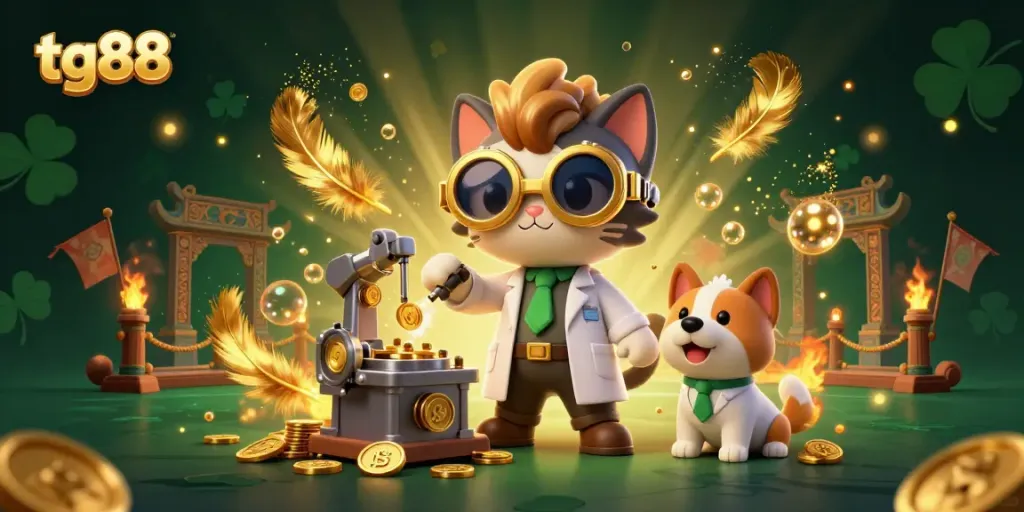 Experience the vibrant action at tg88 with a dynamic scene featuring a mad scientist cat crafting coins, showcasing an exciting casino atmosphere.