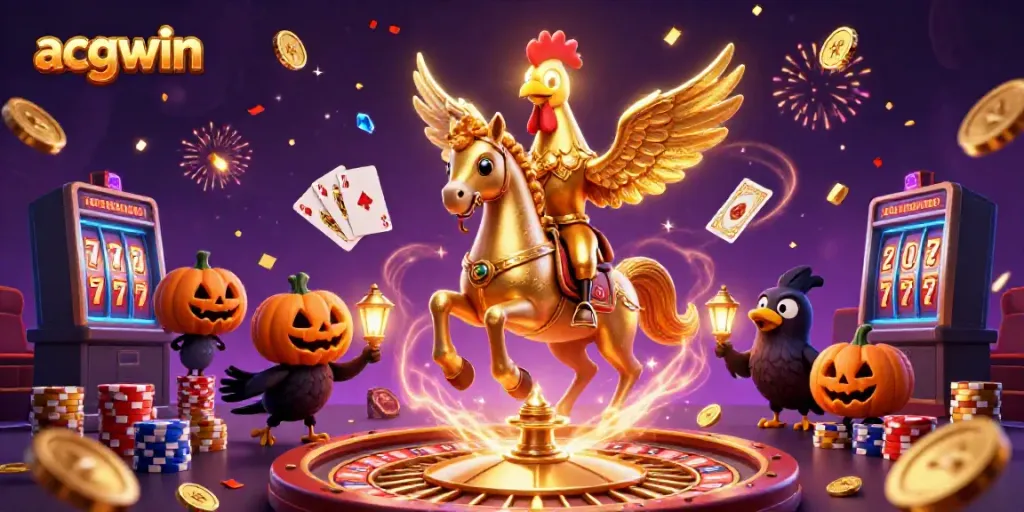 Experience the magic of acgwin with golden rooster and friends in a vibrant casino scene.