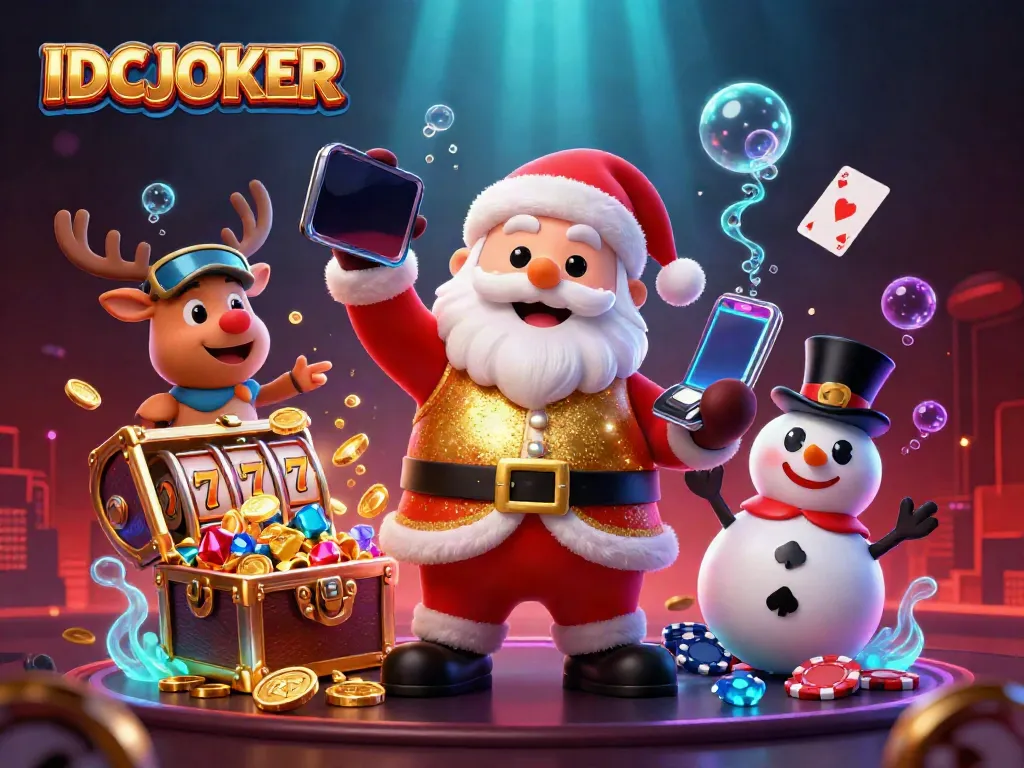 Win big with IDCJOKER's festive gaming scene featuring Santa and friends in a vibrant casino!