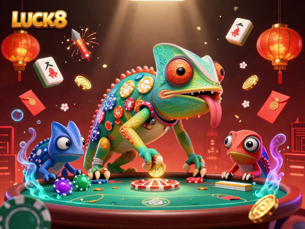 Hình ảnh LUCK8 của chameleon chủ casino nổi bật giữa các vật phẩm may mắn và trò chơi.