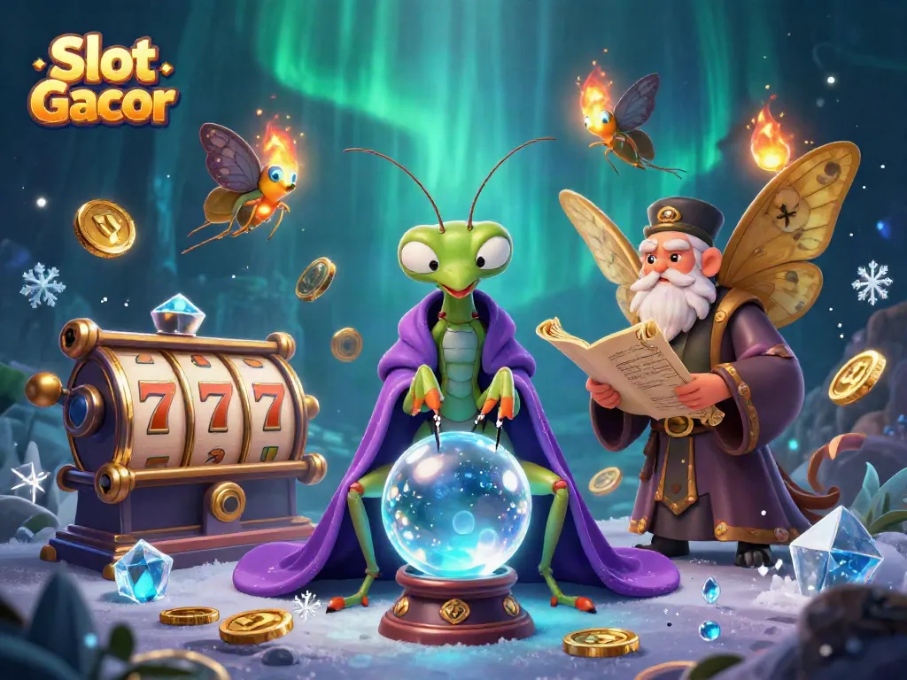 Explore Slot Gacor with vibrant characters, slot reels, and sparkling gold coins in a mystical scene.