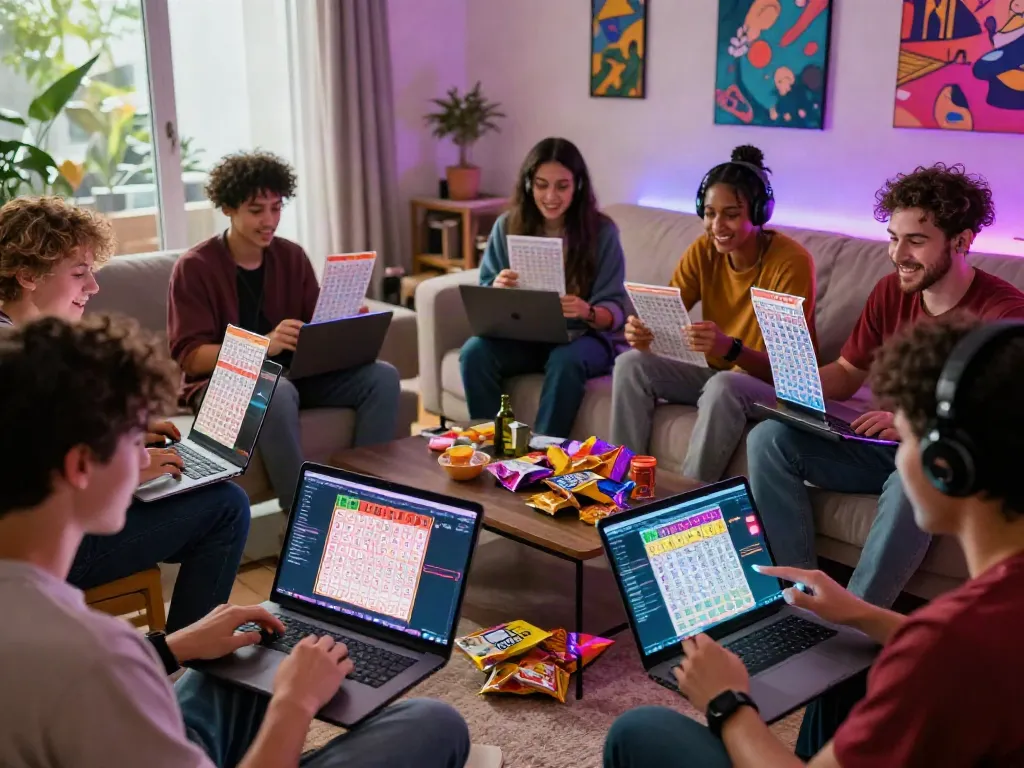 Friends enjoying unsurtoto lottery gaming experience in a vibrant living room.