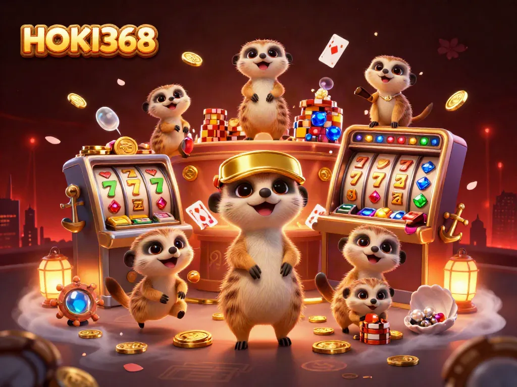 Play exciting slots at HOKI368 with a dynamic meerkat casino scene full of action and fun.