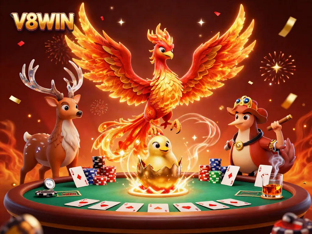 Experience the thrill of V8WIN with this vibrant 3D casino scene featuring a phoenix and poker elements.