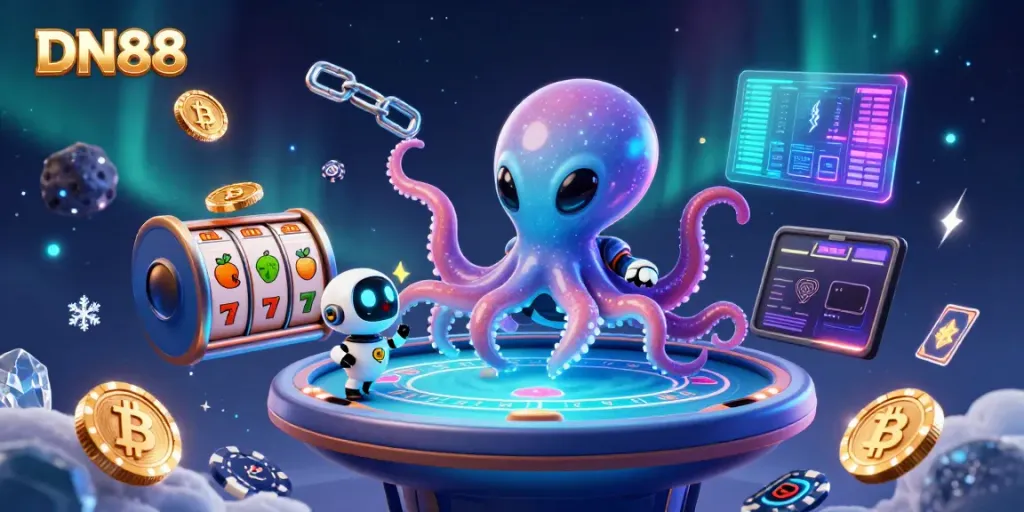 Join the thrill at DN88 with an energetic scene of an alien octopus managing a holographic poker game.