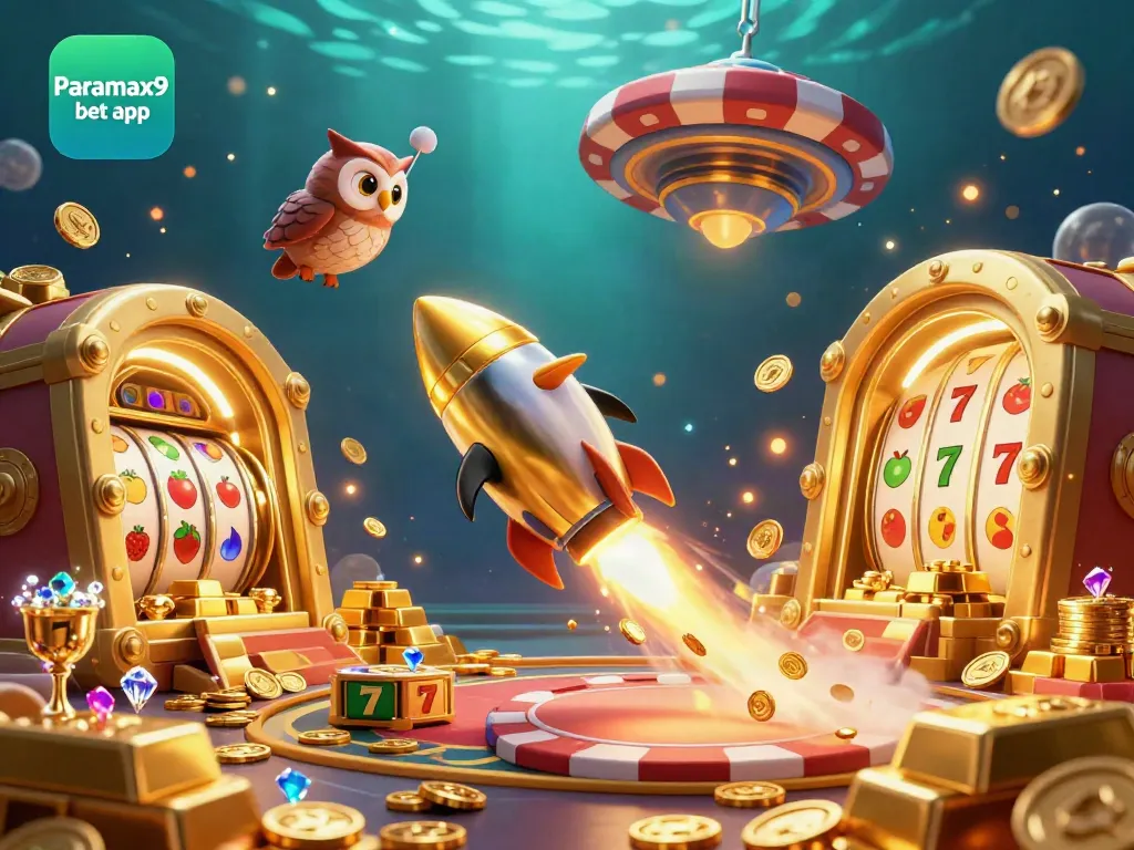 Experience the excitement of gaming with the Paramax9 bet app featuring a vibrant 3D scene of golden treasures and a playful penguin.