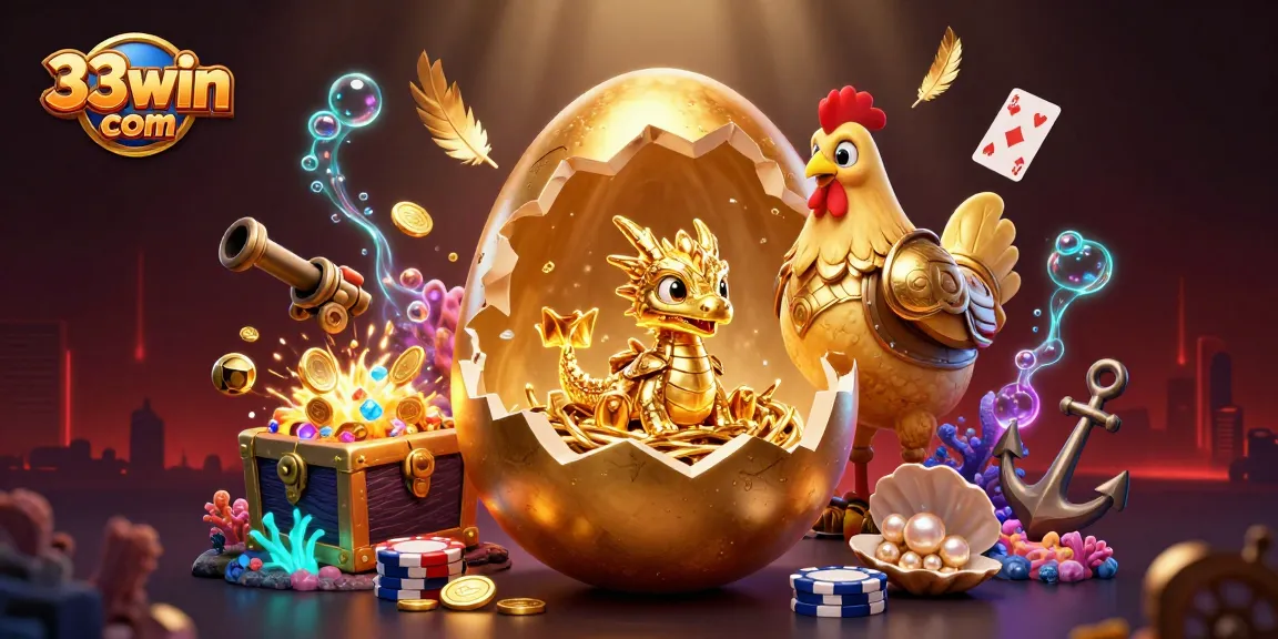 Engage with 33win com's vibrant gaming world featuring a golden dragon and poker elements.
