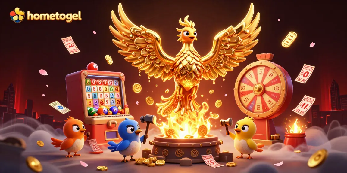 Experience the excitement of hometogel as golden lottery balls soar amidst a dynamic casino scene.