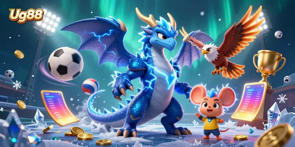 Engage with Ug88's thrilling betting elements in a vibrant casino scene featuring characters and game activities.
