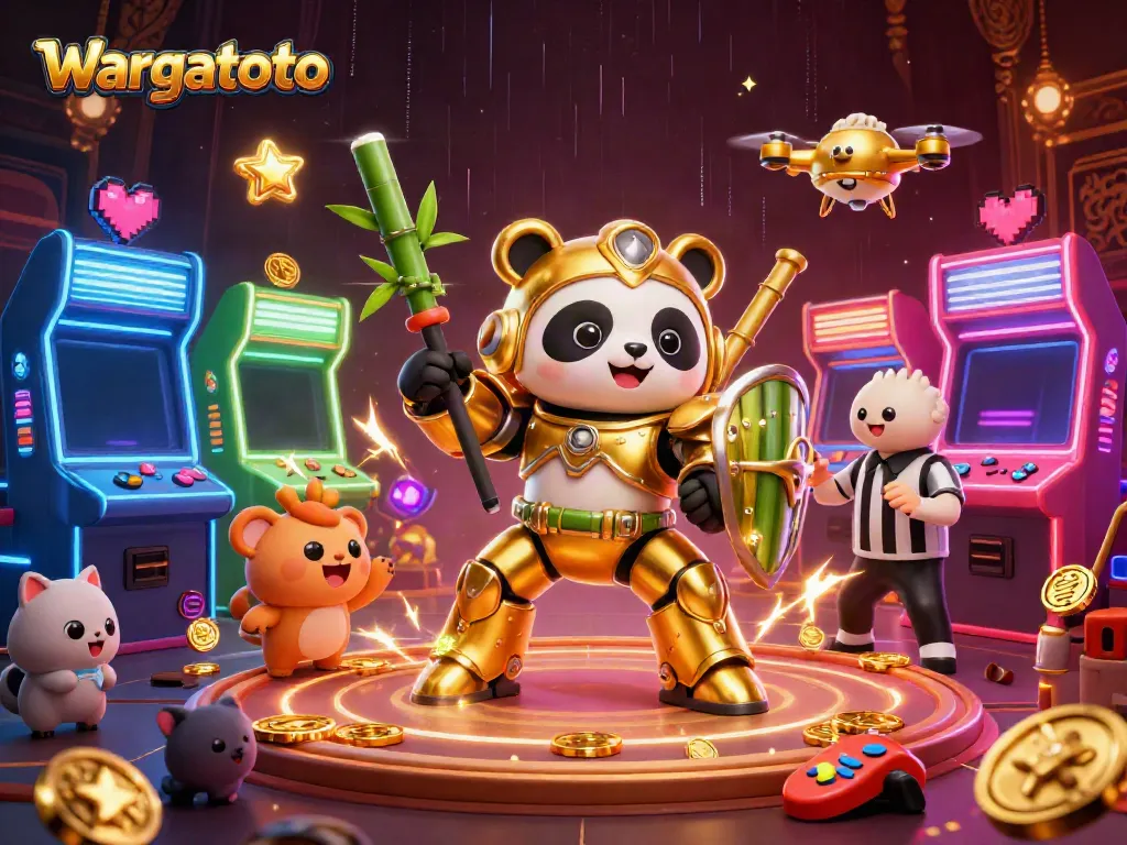 Panduan bermain Wargatoto dengan panda emas memakai robot tempur dalam arena perjudian.