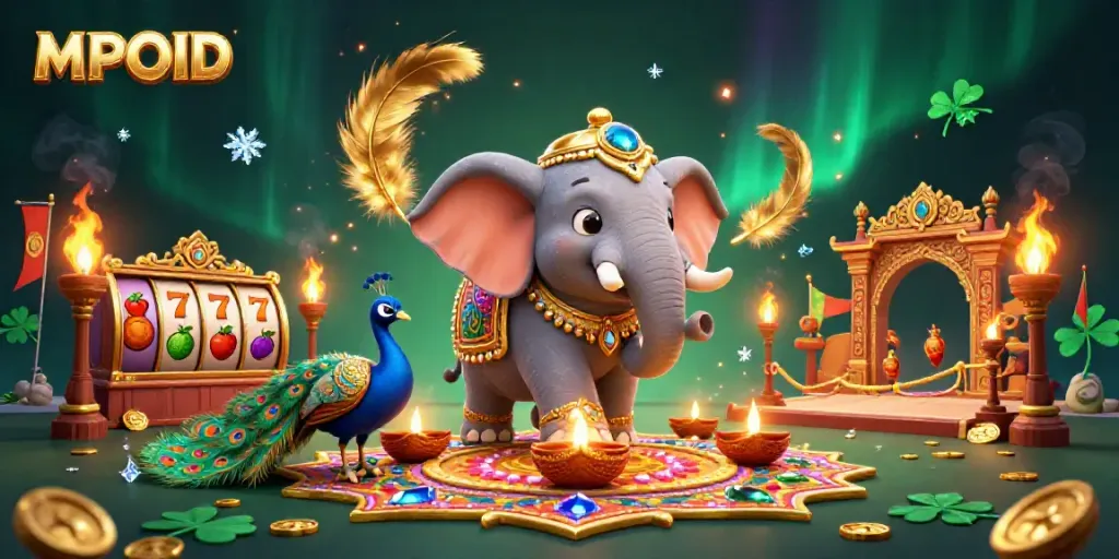 Experience the vibrant MPOID casino world with intricate 3D elements of luck, games, and festive environments.