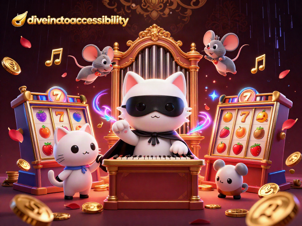 Diveintoaccessibility showcases a vibrant casino scene with dynamic slot reels and energetic characters.