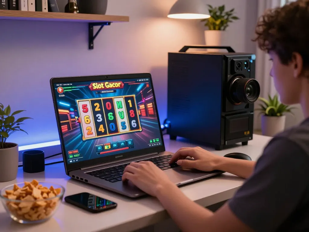Engaging Slot Gacor gameplay on a laptop, showcasing a vibrant online casino atmosphere and personal gaming space.