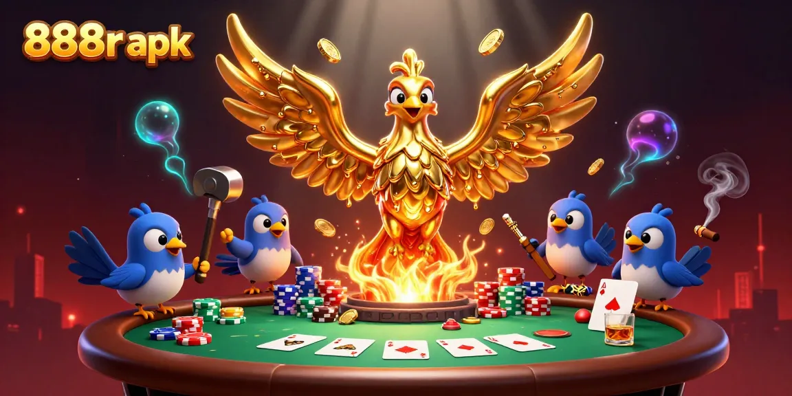 Experience the thrill with 888r apk, featuring a golden phoenix and dynamic poker elements.