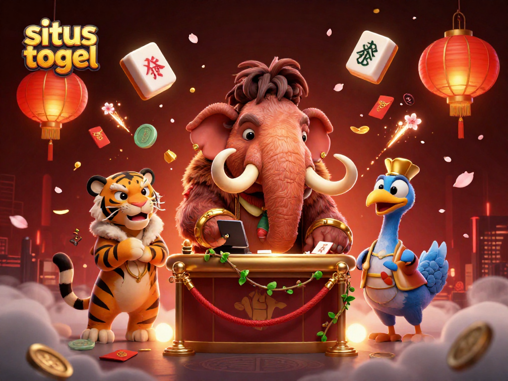 Gambar ilustrasi 3D situs togel yang menampilkan seorang mammoth wol di kasino memeriksa ID, dikelilingi barang keberuntungan.