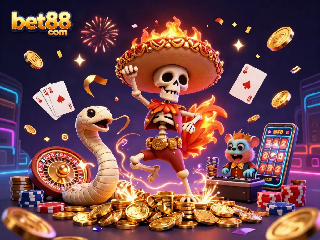 Bet88 com showcases a vibrant celebration with cartoon characters dancing and casino elements like golden coins and roulette.