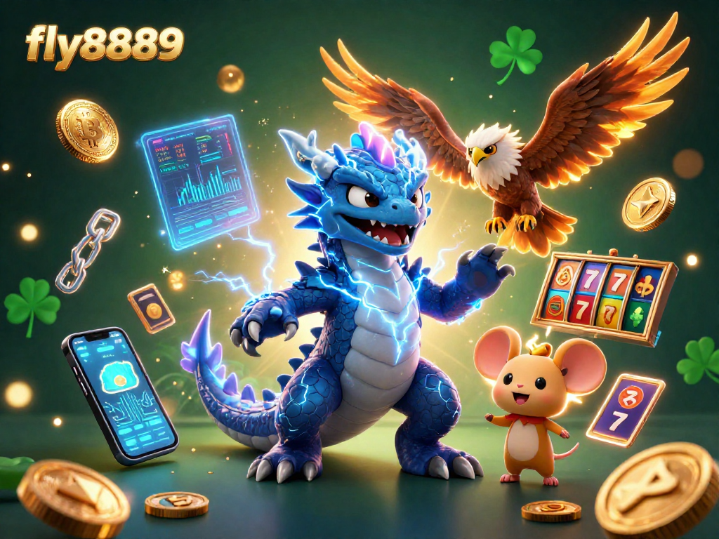 Experience the thrill of fly8889 with vibrant slot reels and dynamic characters in a rich casino illustration.