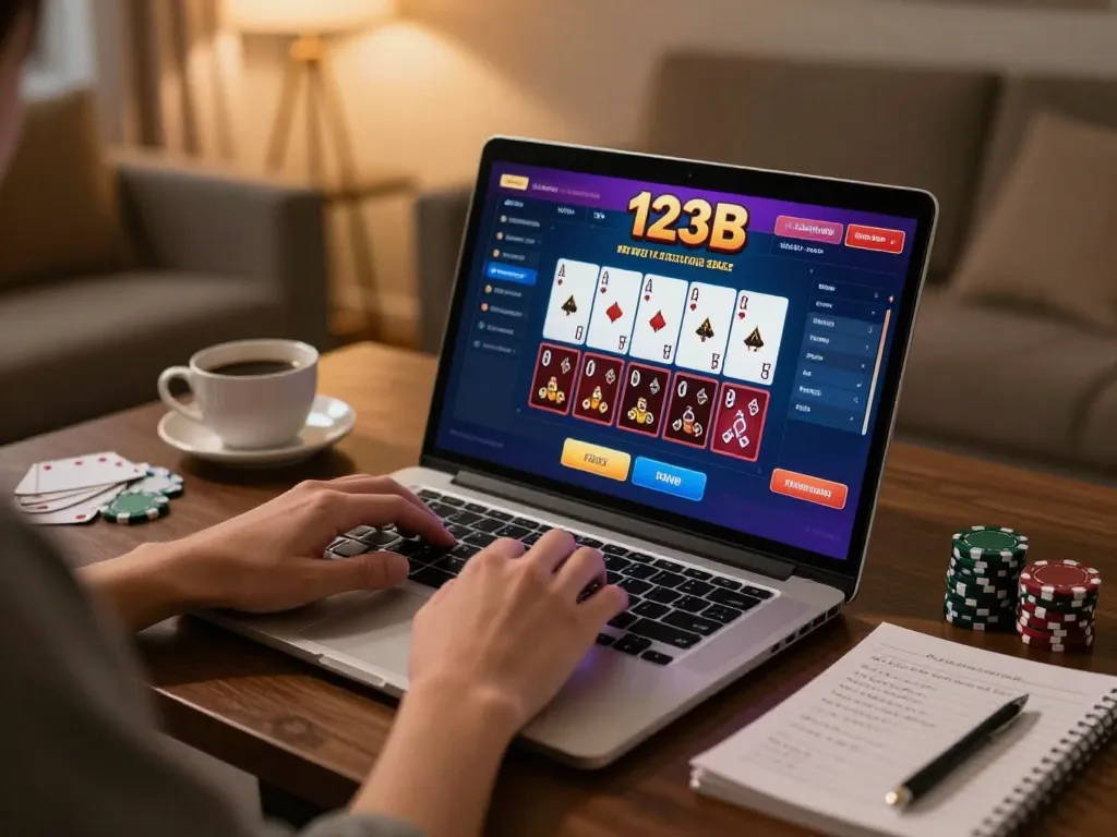Playing poker online at 123B with vibrant interface on laptop and cozy home setting