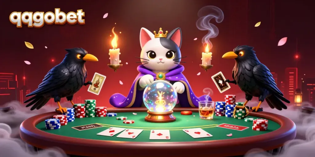 Melihat qqgobet: kucing peramal dengan bola kristal dan gagak membagikan kartu di kasino.