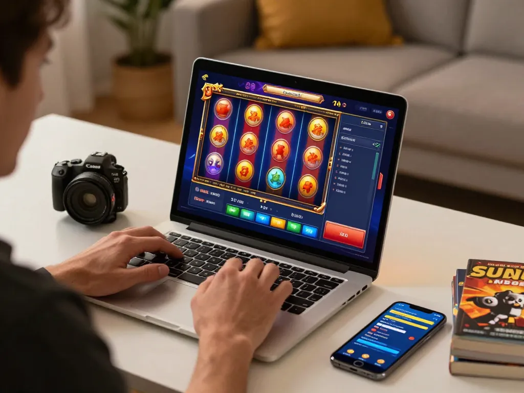Engaged player enjoying OKESLOT online slot game on laptop, colorful reels in action.