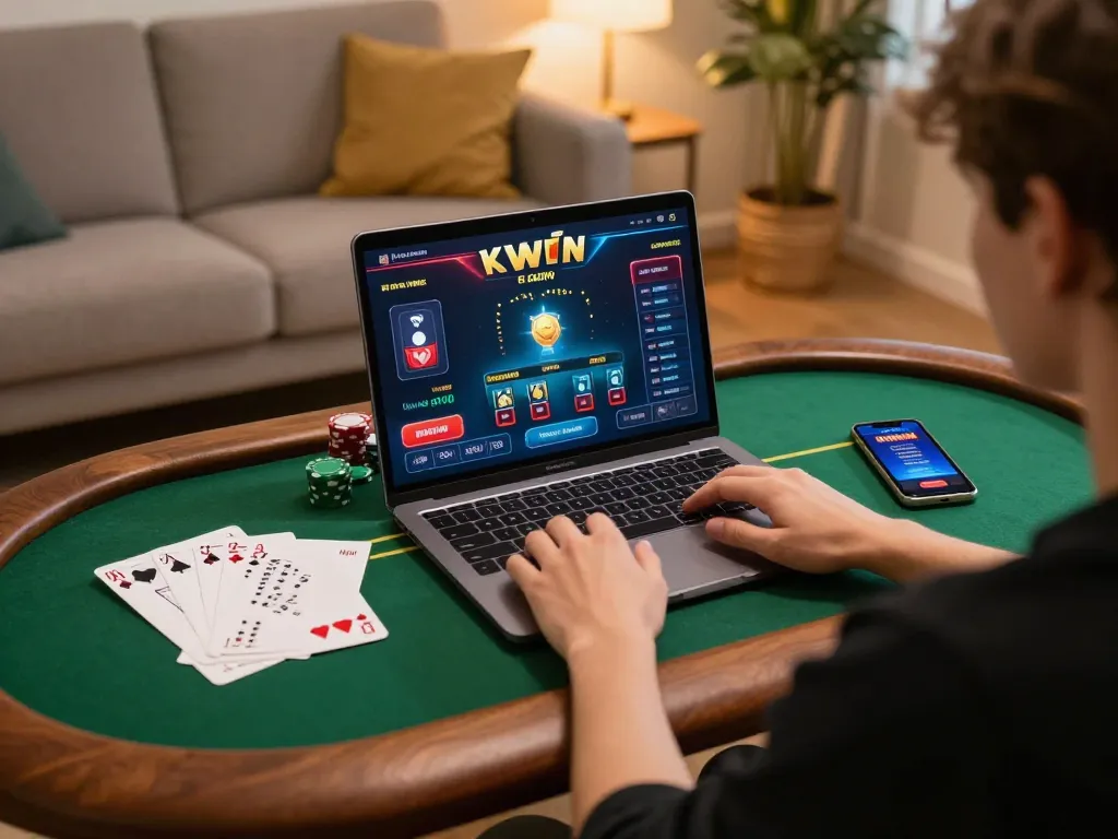 Kuwin player enjoying online poker, showcasing strategic gameplay and a cozy setup.