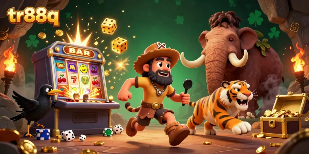 Experience jackpot thrills at tr88q with dynamic casino action featuring cavemen, tigers, and winning symbols.