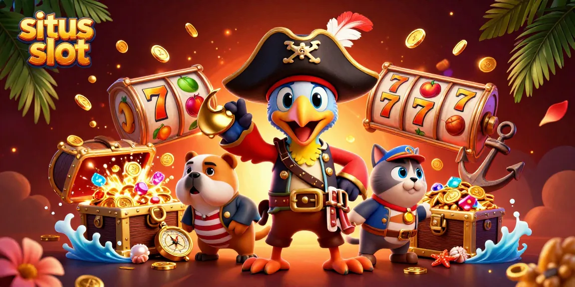 Spin the situs slot machines surrounded by pirate characters and treasure in a vibrant 3D scene.