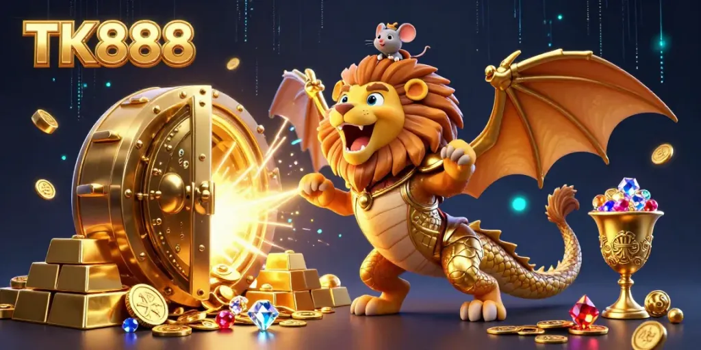 Engage in thrilling games at TK888 with a majestic chimera creature guarding treasures in this vibrant casino scene.