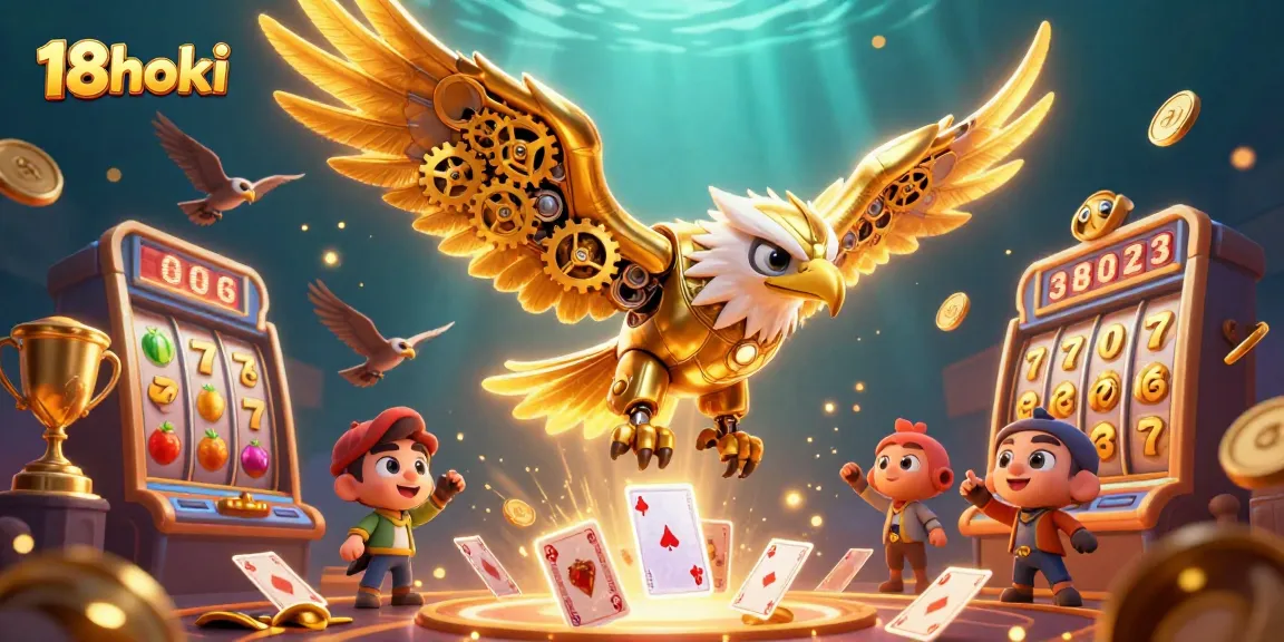 Experience thrilling wins at 18hoki with symbols of slots and the golden eagle amidst vibrant casino elements.