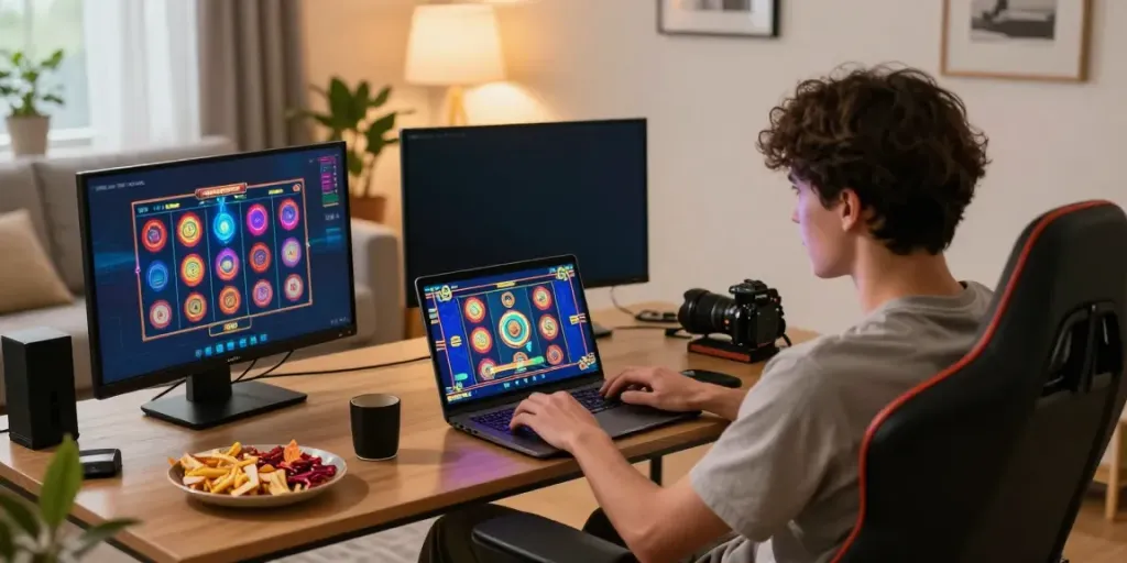 Gamer menikmati permainan slot gacor di ruang tamu yang nyaman.