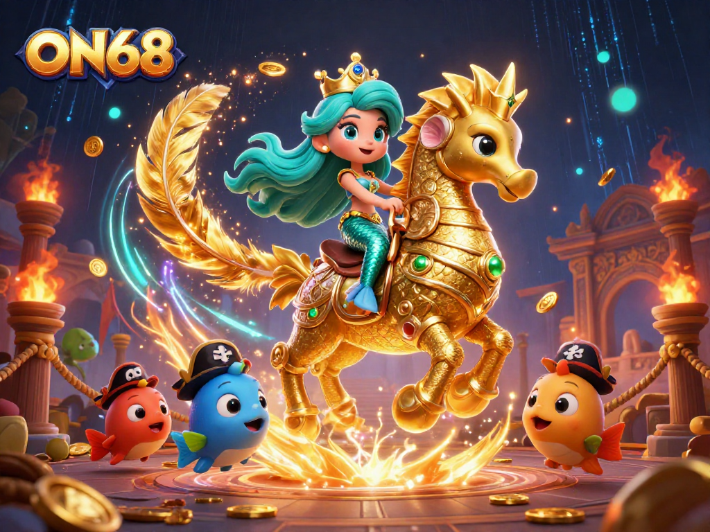 Engage with exciting gaming elements at ON68, featuring a mermaid on a golden seahorse amidst vibrant casino themes.